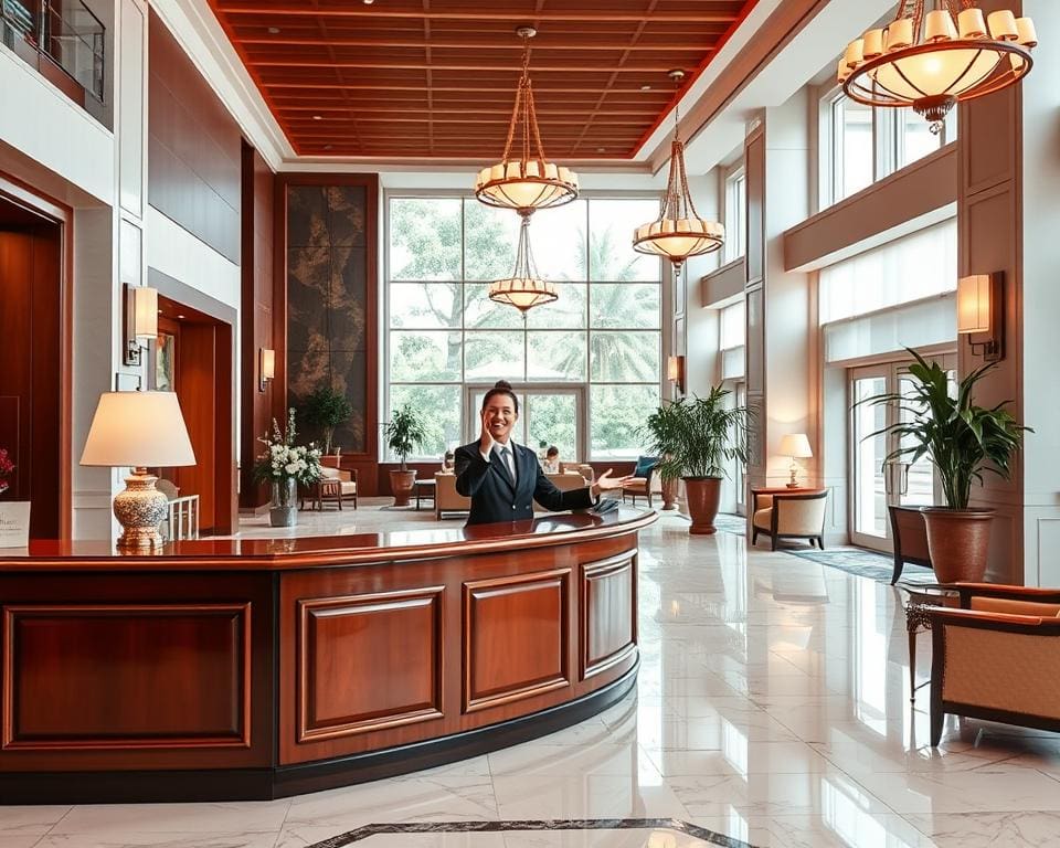Hoe ontvangt een receptionist gasten in een hotel?