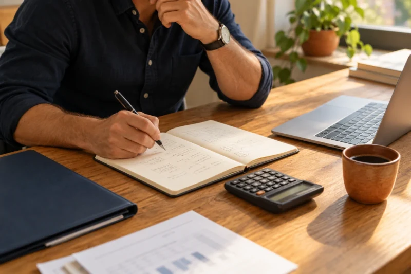 Ondernemer werkt een businessplan uit met notitieboek en rekenmachine