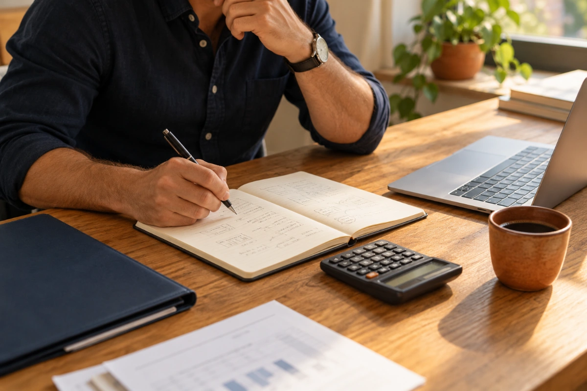 Ondernemer werkt een businessplan uit met notitieboek en rekenmachine