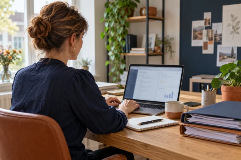 Ondernemer werkt aan digitale administratie op een laptop